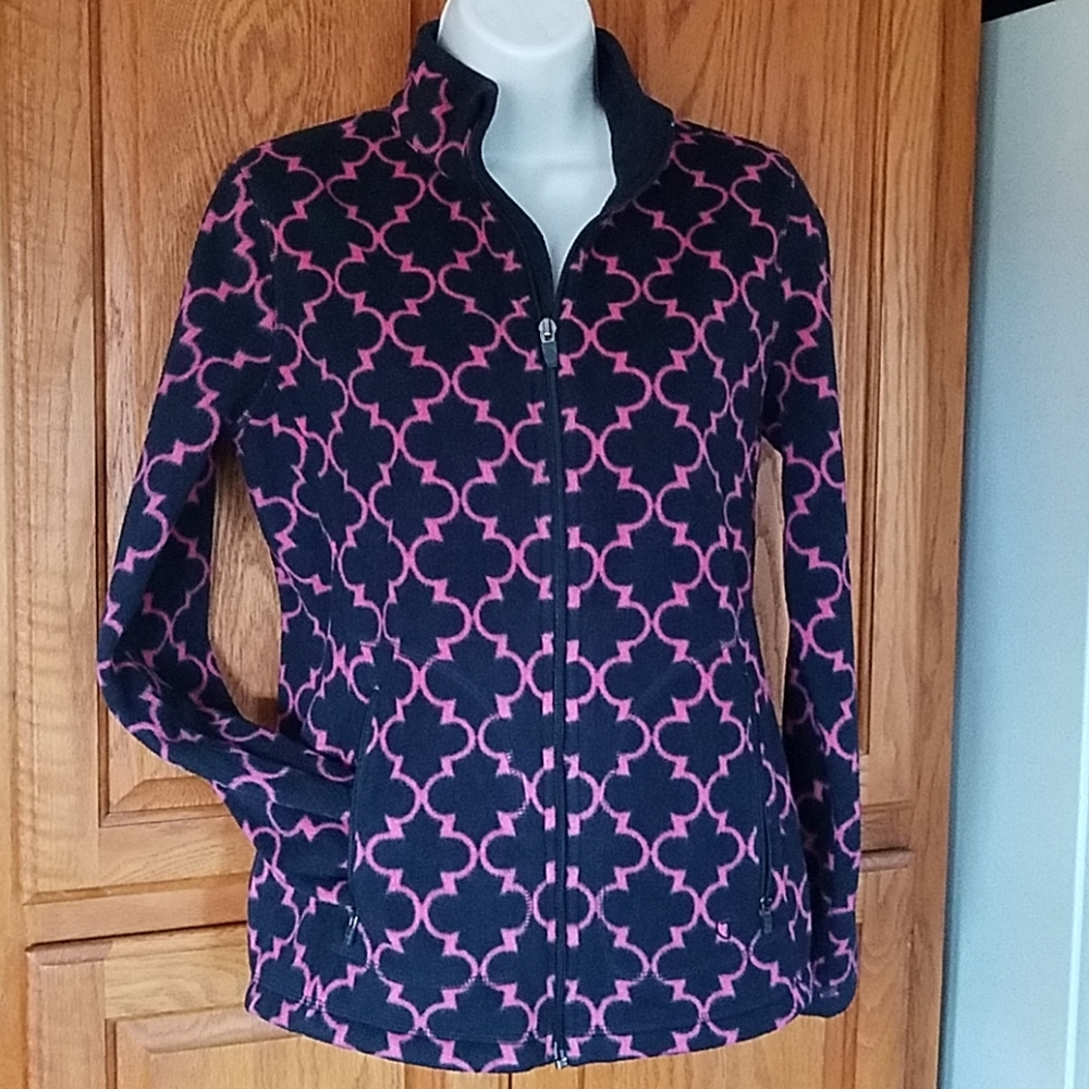 Talbots zip front fleece jacket navy/pink